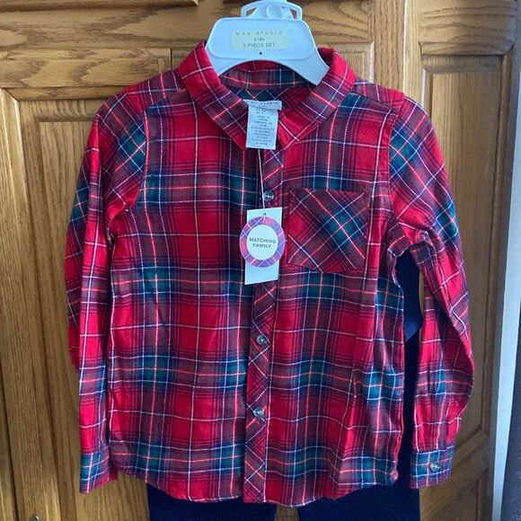 Max Studio Kids 3 piece set Boys Red Shirt Navy Corduroy Pants with suspenders - Picture 2 of 8